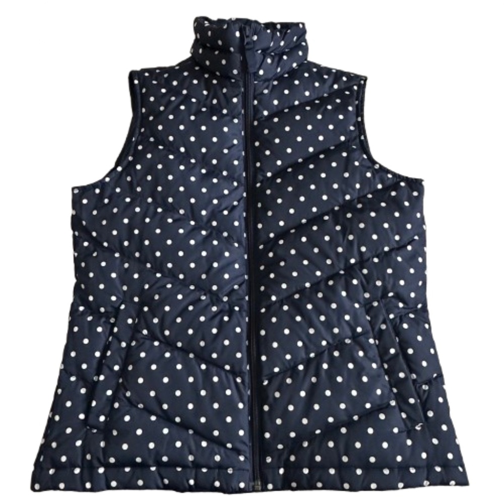 Lands' End Women' S Navy Dark Blue with White Polkadots Zip Up Down Puffer Vest